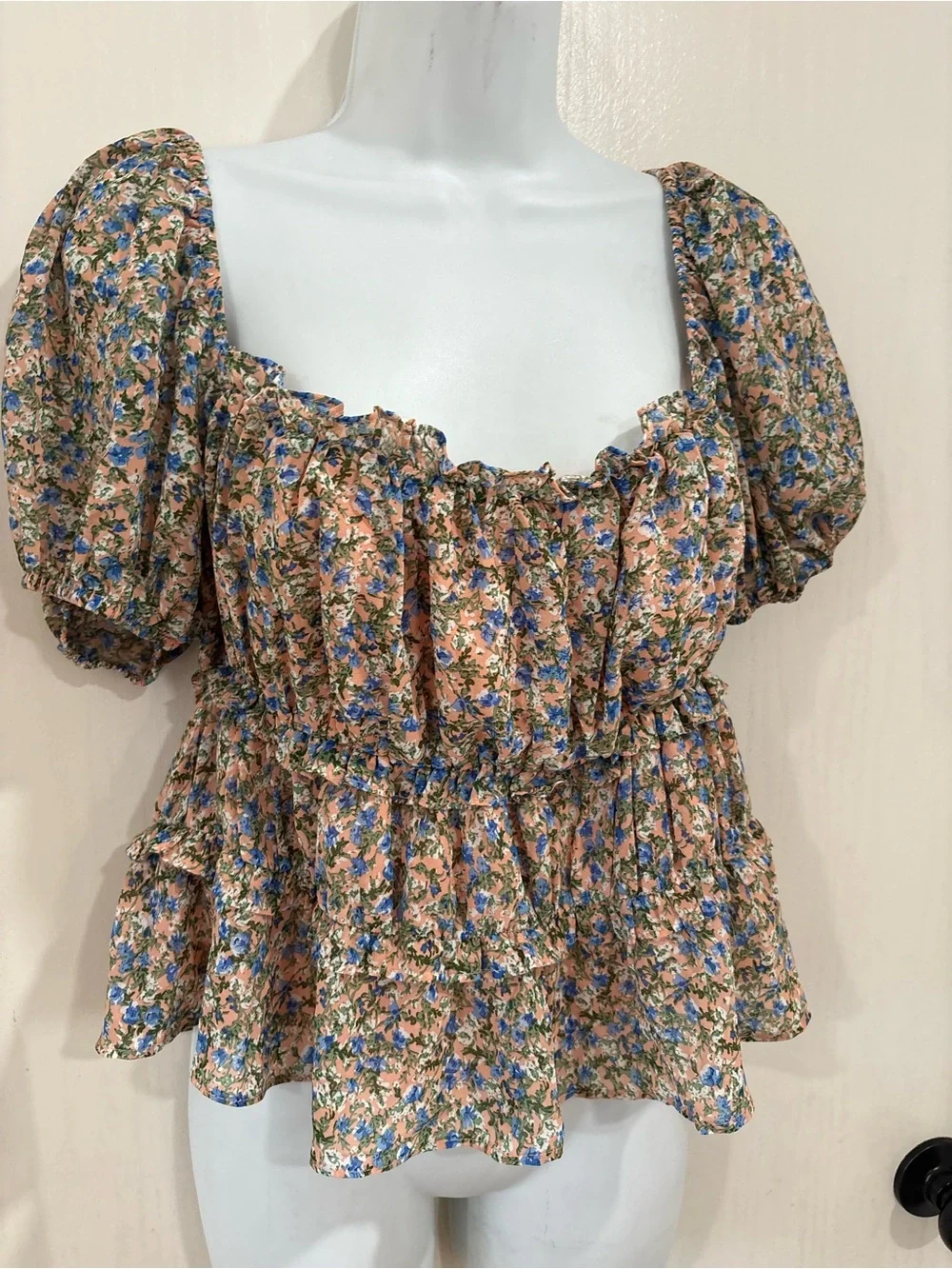 Astr Peach Floral Puff-Sleeve Peplum Top with Blue Flowers peasant baby doll